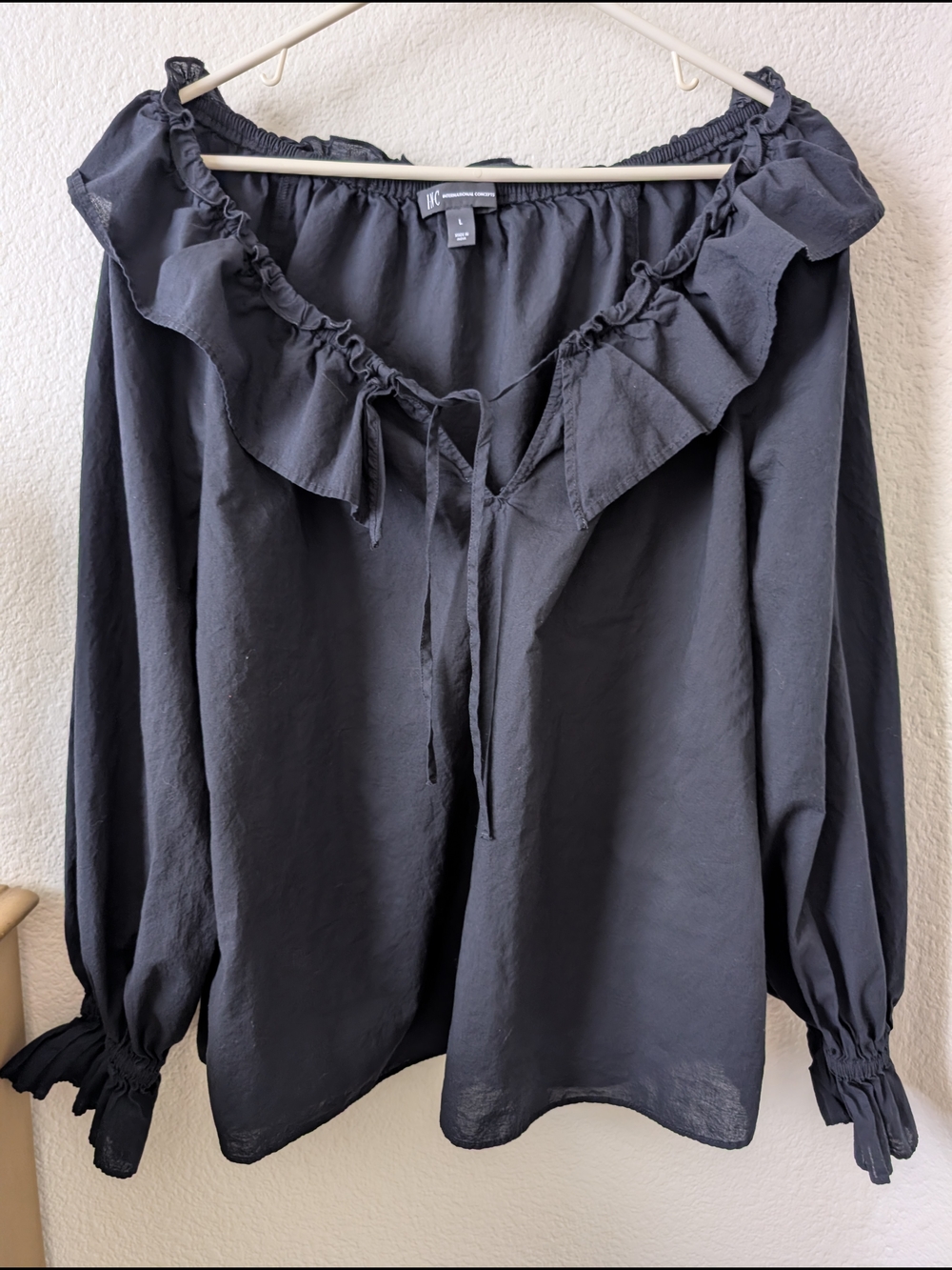 INC International Concepts Black Ruffle Tie-Neck Blouse